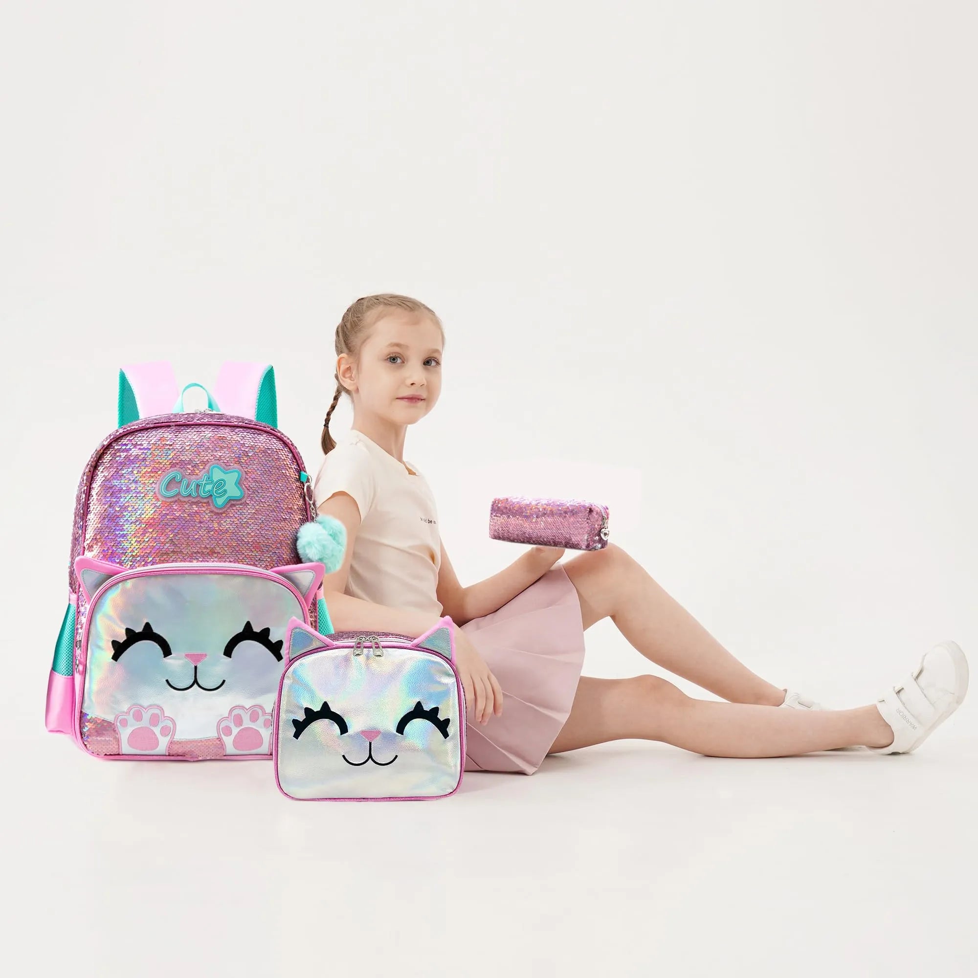 Meetbelifey 3-Piece School Set with Sequins - Backpack + Pouch + Pencil Case