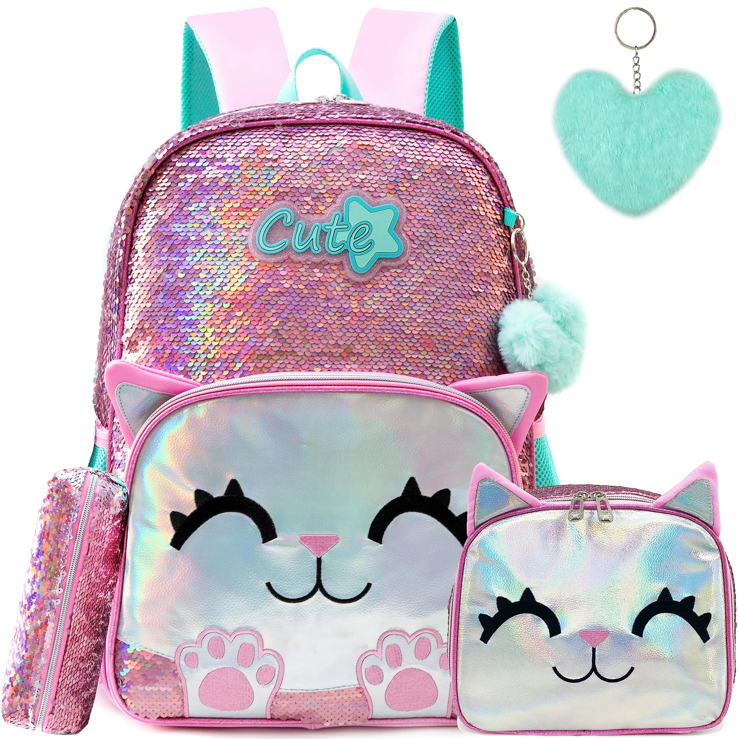 Meetbelifey 3-Piece School Set with Sequins - Backpack + Pouch + Pencil Case